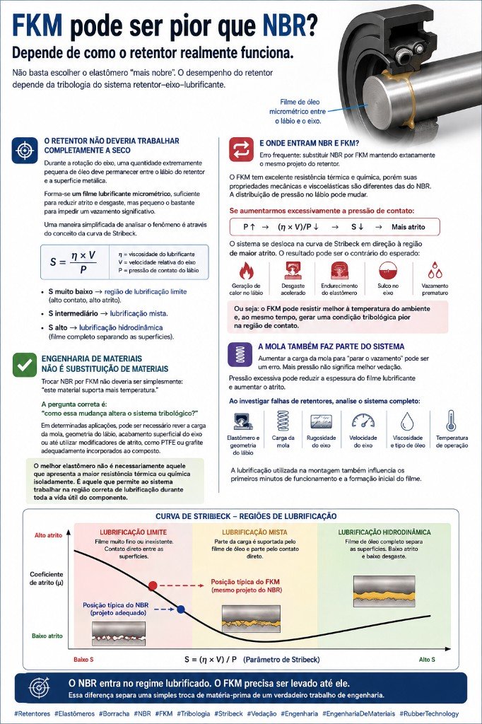 Infográfico: FKM pode ser pior que NBR. Filme de óleo micrométrico no lábio, parâmetro de Stribeck e comparação da posição típica de NBR e FKM na curva de lubrificação.