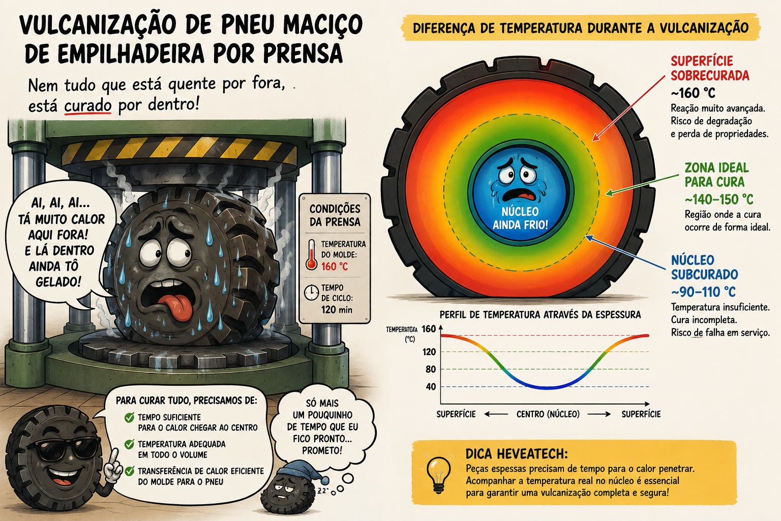 Infográfico da vulcanização de pneu maciço de empilhadeira: superfície quente e núcleo ainda frio